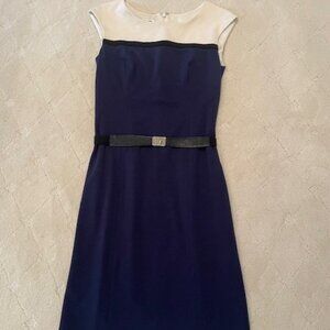 Kay Unger Sleeveless Belted Blue & White Color Block Sheath Dress  – Sz 4